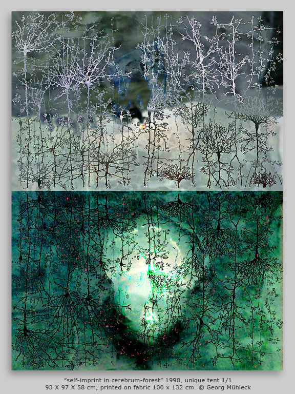 “self-imprint in cerebrum-forest” 1998, unique tent 1/1 93 X 97 X 58 cm, printed on fabric 100 x 132 cm  © Georg Mühleck