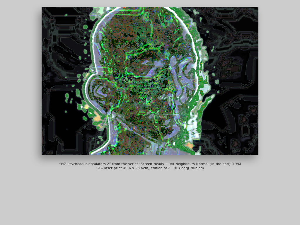 “M7-Psychedelic escalators 2” from the series ‘Screen Heads — All Neighbours Normal (in the end)’ 1993 CLC laser print 40.6 x 28.5cm, edition of 3   © Georg Mühleck