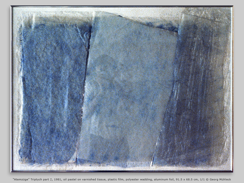 “Atemzüge” Triptych part 2, 1981, oil pastel on varnished tissue, plastic film, polyester wadding, aluminum foil, 91.5 x 68.5 cm, 1/1 © Georg Mühleck